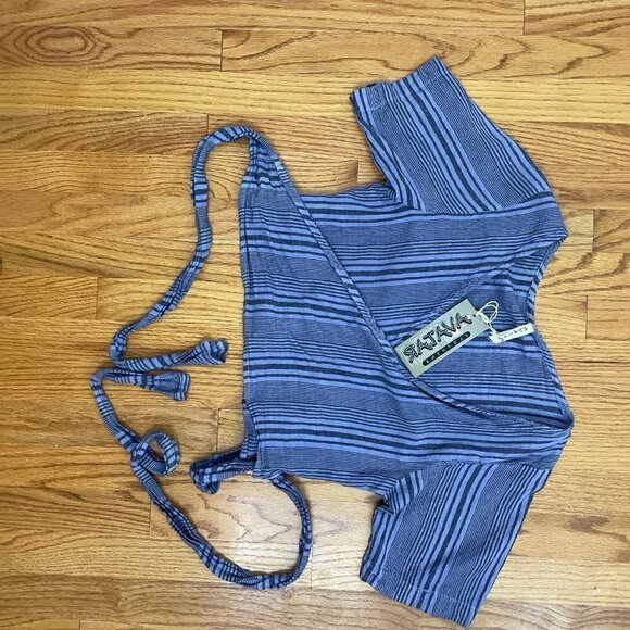 Fair Trade Boho Striped Cotton Cropped Wrap Top with Tie Waist Purple Striped - Picture 6 of 14